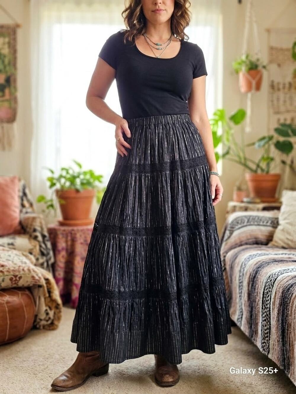 New Susan Graver Boho Chic Tiered Crinkle maxi skirt size medium